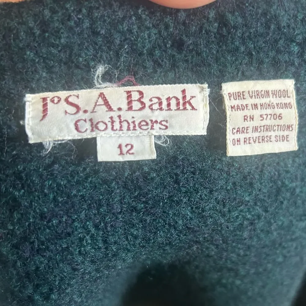 Jos A. Bank Vintage Baseball Green Crop Long Sleeves Pure Virgin Wool Jacket